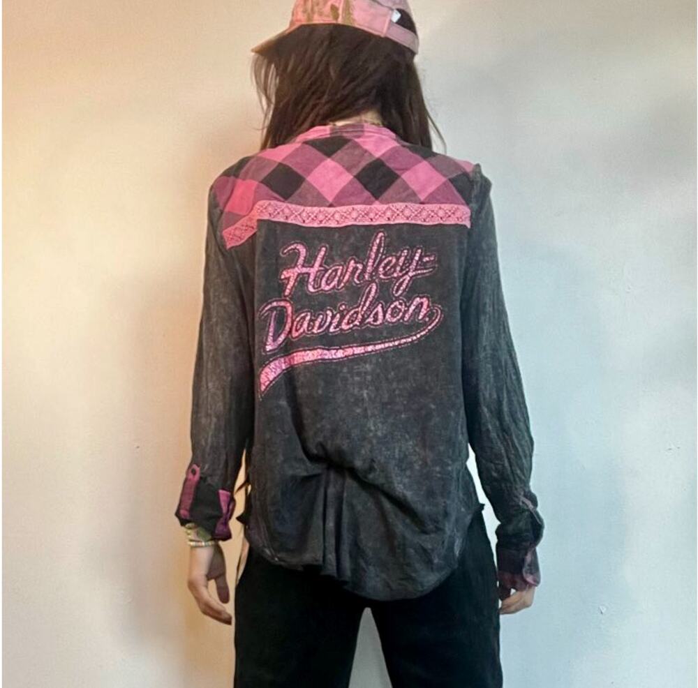 Harley-Davidson Pink Black Plaid Flannel Y2K Thrashed Biker Grunge Glam Shirt XL